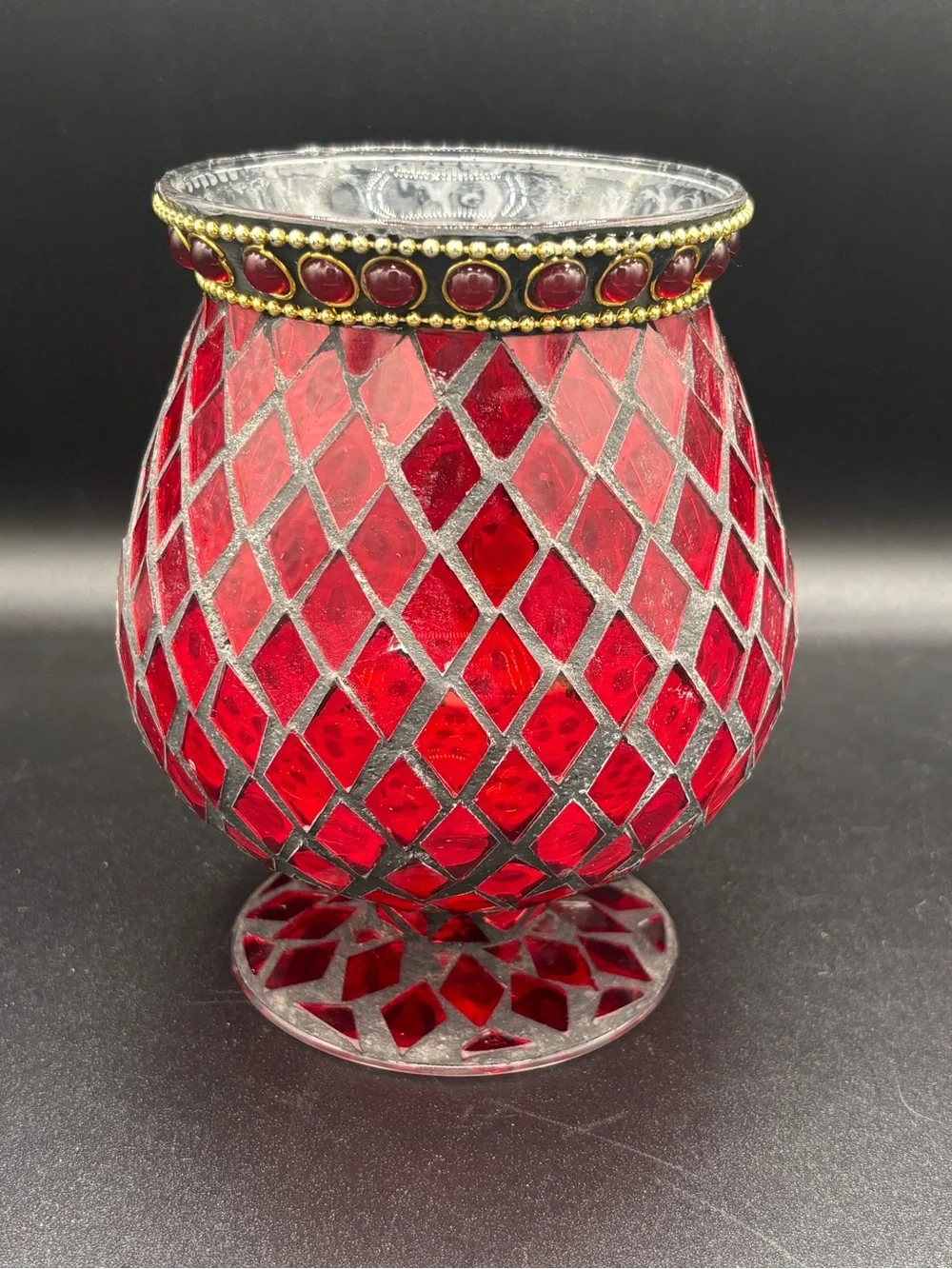 RED MOSAIC HURRICANE GLASS VASE/CANDLE HOLDER  6” Tall